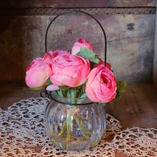 Pink Ranunculus in a Vase with fake water, Spring Tabletop Decor, Artificial 