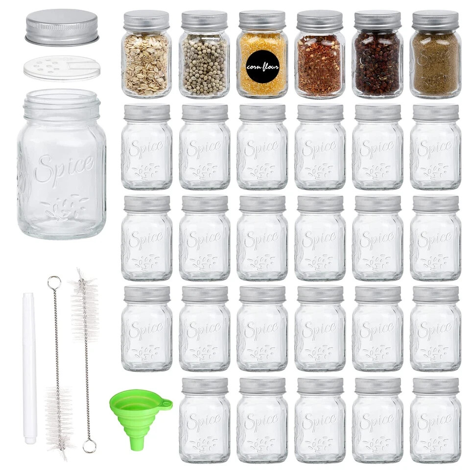 30-Pack 4oz Glass Mason Spice Jars with Silver Lids – Empty Round Containers for Spices