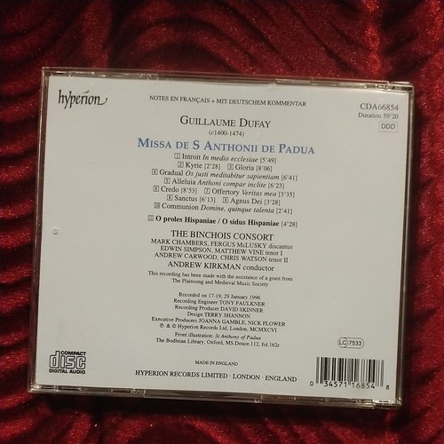 Guillaume Dufay - Music For St. Anthony Of Padua CD - Binchois Consort - Kirkman - Picture 3 of 3