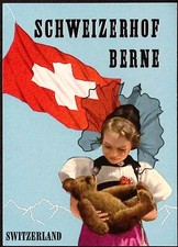 Schweizerhof Berne Switzerland Vintage Hotel Label Girl Cuddles Teddy Bear