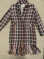 Cabi Women’s M Tweed Regency Coat Plaid Fringe Hem Belted Jacket Academia