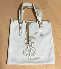Yves Saint Laurent KAHALA Silver/Beige Canvas Leather Tote Bag wz/Storage box