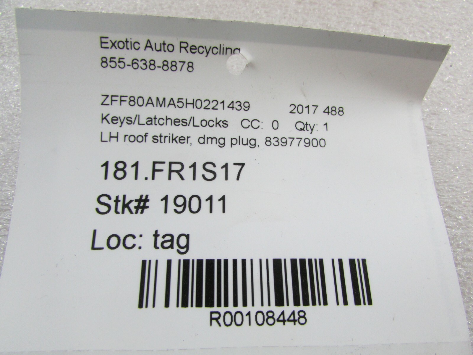 Ferrari 488 Spider, LH, Left Roof Striker, Used, P/N 83977900