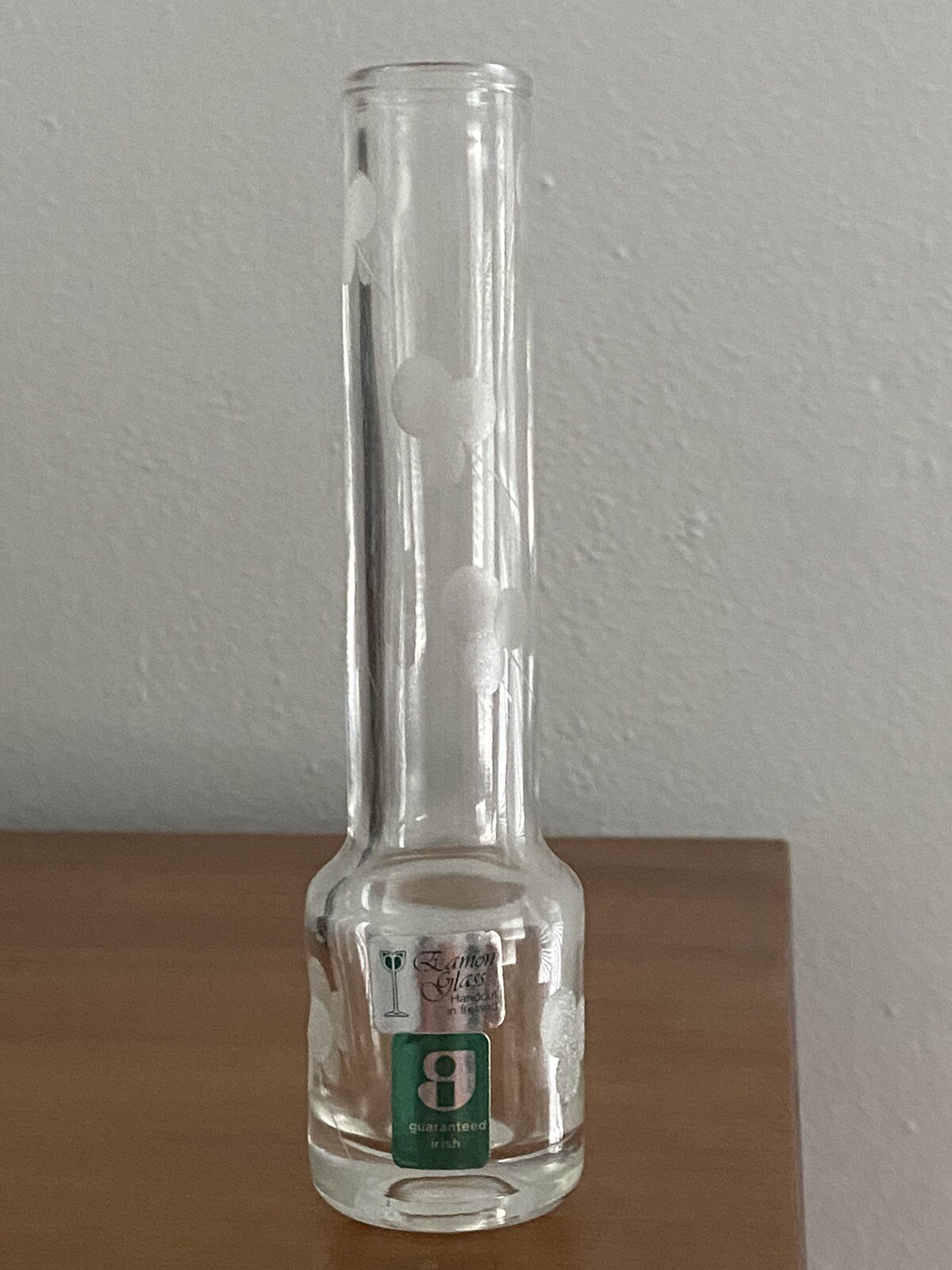 Eamon Glass Bud Vase 6" Clear with Etched Shamrock Design EUC