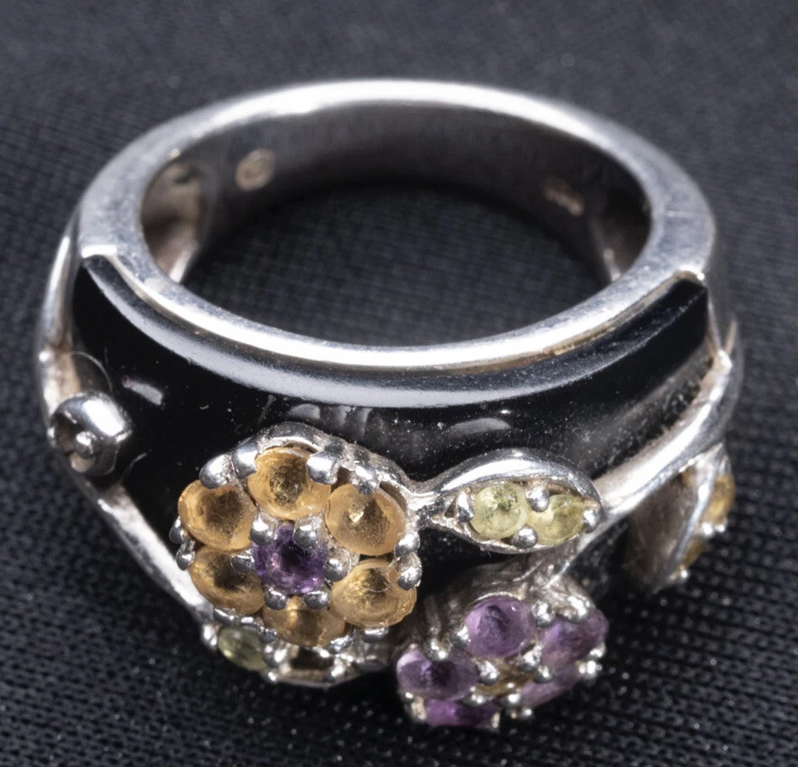 Amatista Púrpura, Citrino Amarillo Con Anillo Flor Esmalte Negro Plata Real 925 Foto 2 de 2