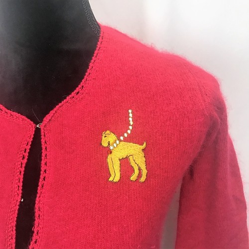 Hillard & Hanson Womens Red Embroidered Sweater Yellow Dog Logo Front Size XS - Picture 2 of 6
