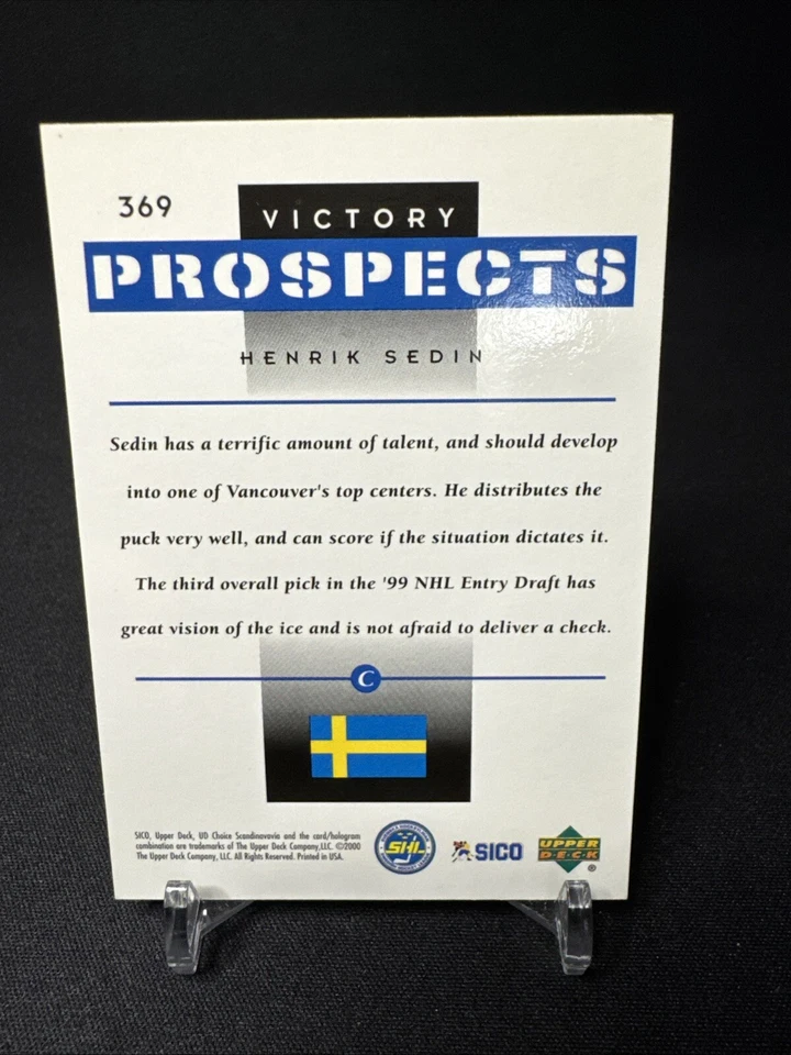 Henrik Sedin 2000 Upper Deck Victory #369 Prospects Rookie Canucks RC HOF - Image 2 of 2