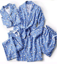 New Lands End PAJAMA  ROBE 6 / 8 women COTTON Flannel SNOWMEN Blue 4 pc Small