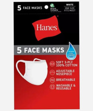 HANES 5-PACK WHITE 100 Cotton Wicking Fabric Face Mask Reusable Washable NEW