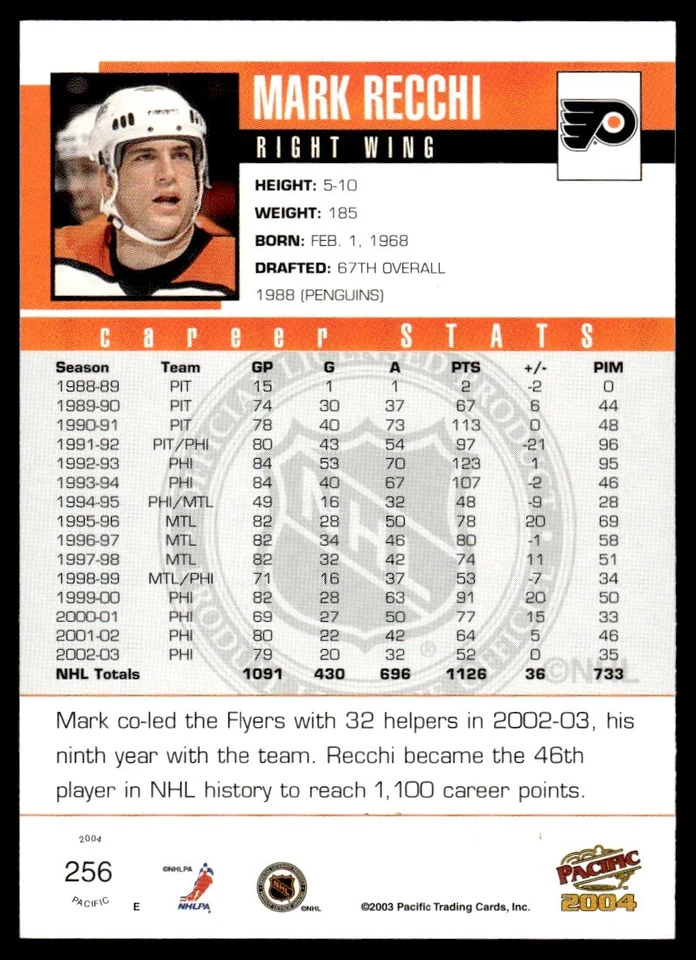 2003-04 Pacific Red Mark Recchi R104 Philadelphia Flyers #256 - Image 2 of 2