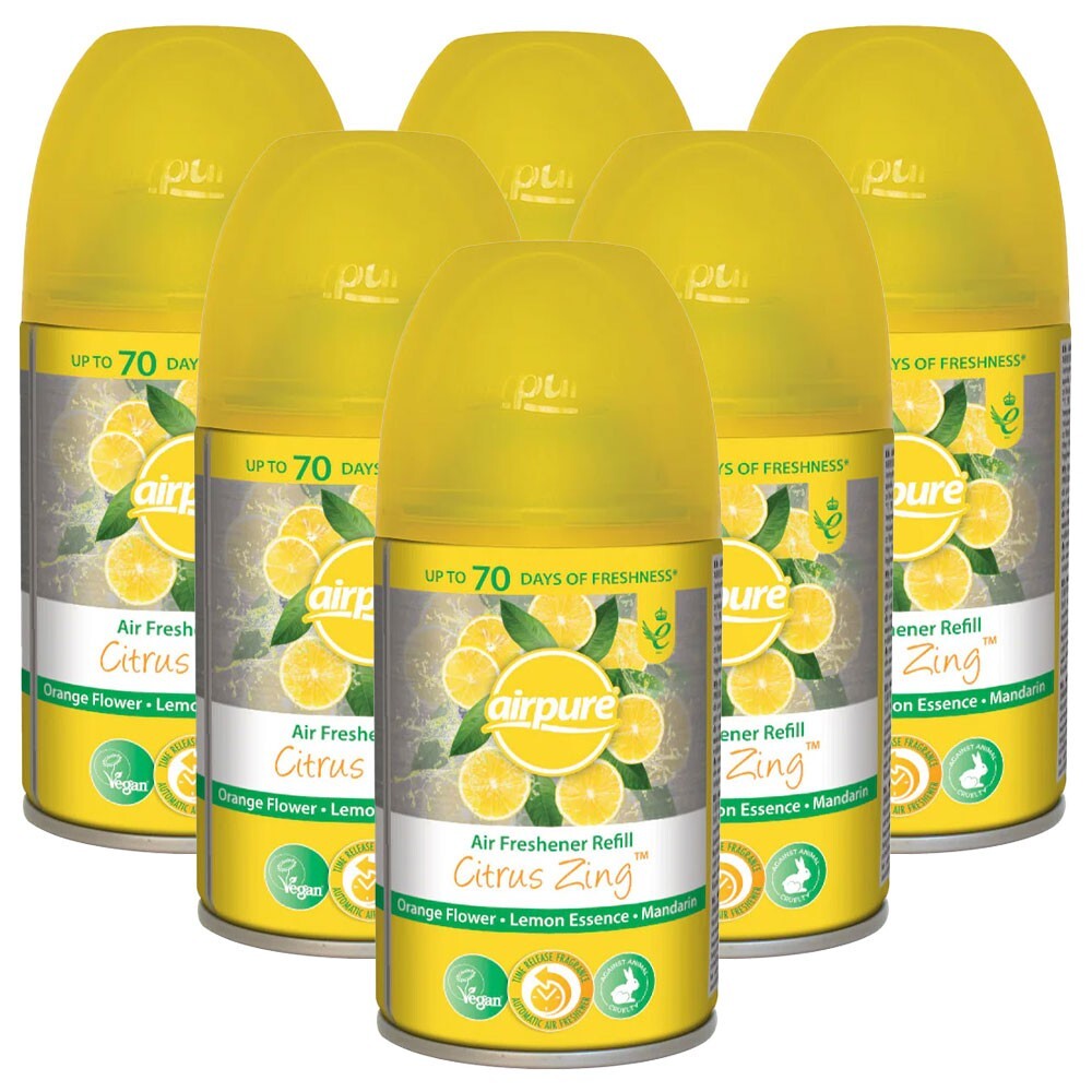 6 x AirPure Citrus Zing Refill Can Automatic Fragrance Air Freshener 250ml
