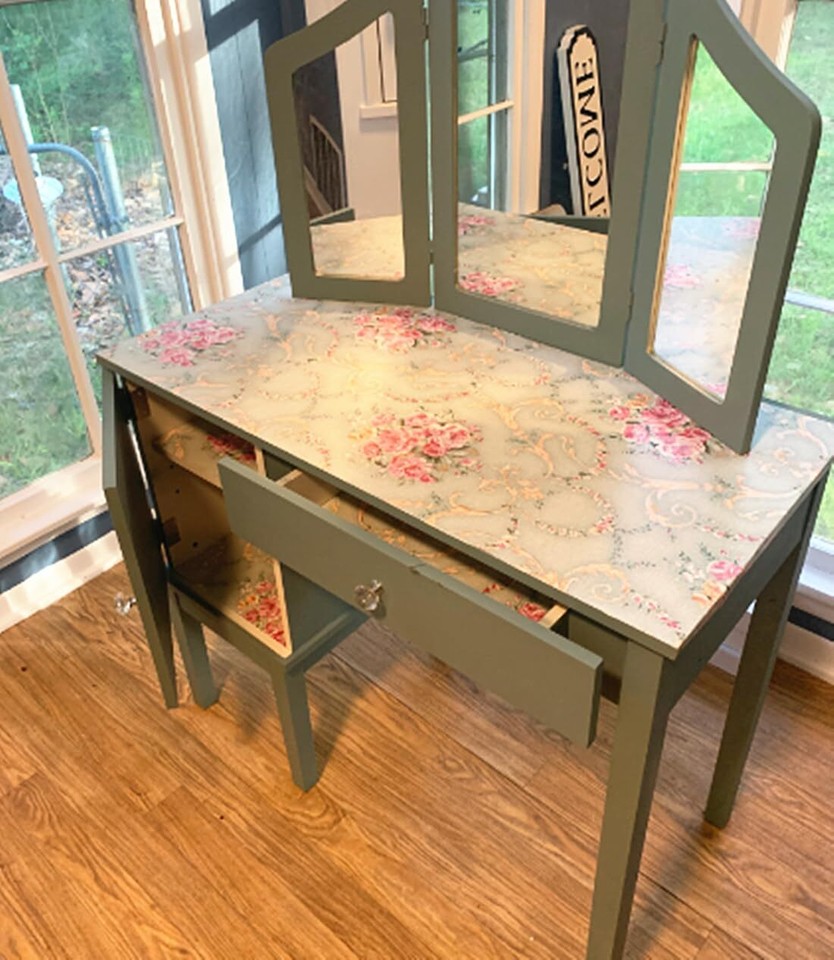 Vintage Light Green Rural Rose Adhesive Paper Shelf Liner Funitures