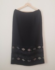 Sag Harbor Black Maxi Skirt Size 12 Floral Print Trimming Ribbon Straight Long