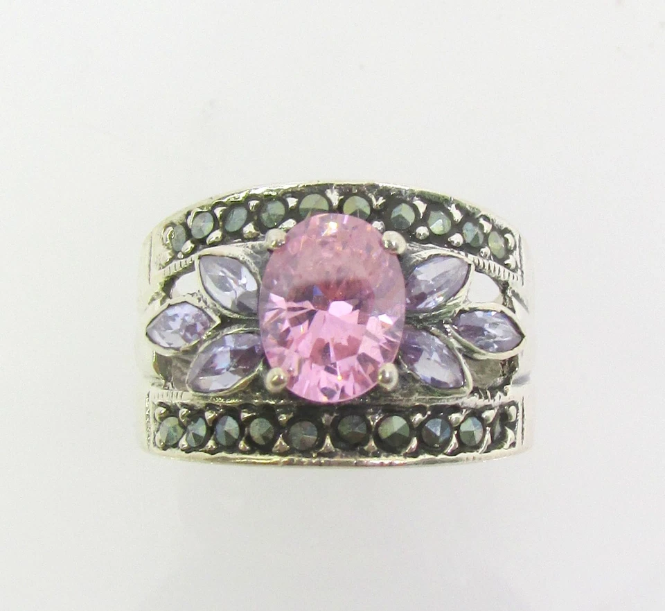 Anillo de plata de ley 925 rosa y púrpura circonita cúbica y banda de marcasita talla 6 - 5,5 g Foto 2 de 4