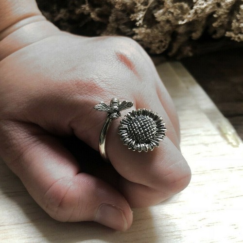 honey Bee sunflower Ring boho Sterling 