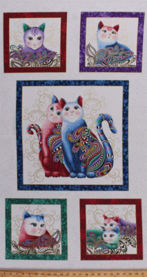 23.5'' X 44'' Panel Cats Blocks on White Cat-i-tude 2 Cotton Fabric Panel D382.36