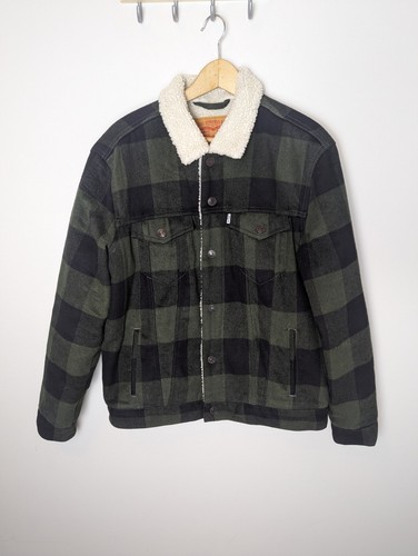 Vintage Levis Jacket Mens Large Green Buffalo Plaid Sherpa Lined Trucker - Picture 1 of 24