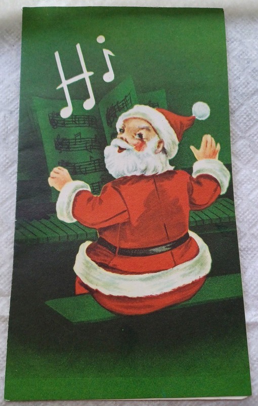 Santa Claus Playing The Piano.  Green Background,  Hi In Musical Notes