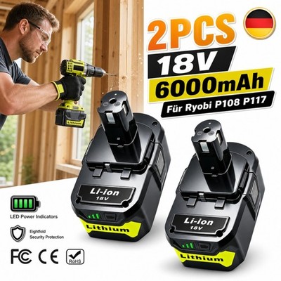 2Stück Ersatzakku für Ryobi 18V P108 Akku 6000mAh Li-ion Batterie für Ryobi ONE+