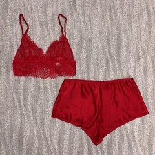 Victoria s Secret Red Lace Satin 2 Piece Pajama Set Top Shorts Sheer Women s S