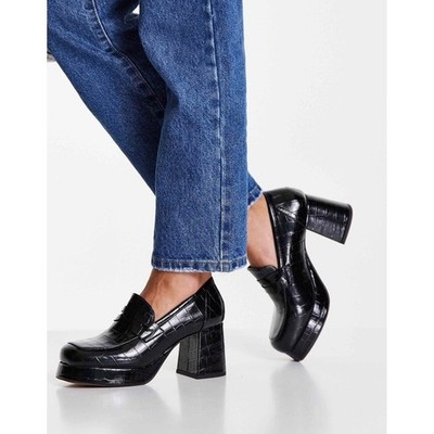 ASOS Design Signature Platform Heeled Loafer Black Croc Size 8