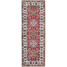 2'1"x6' Red Kazak with Tribal Design Hand Knotted Soft Wool Runner Rug R494