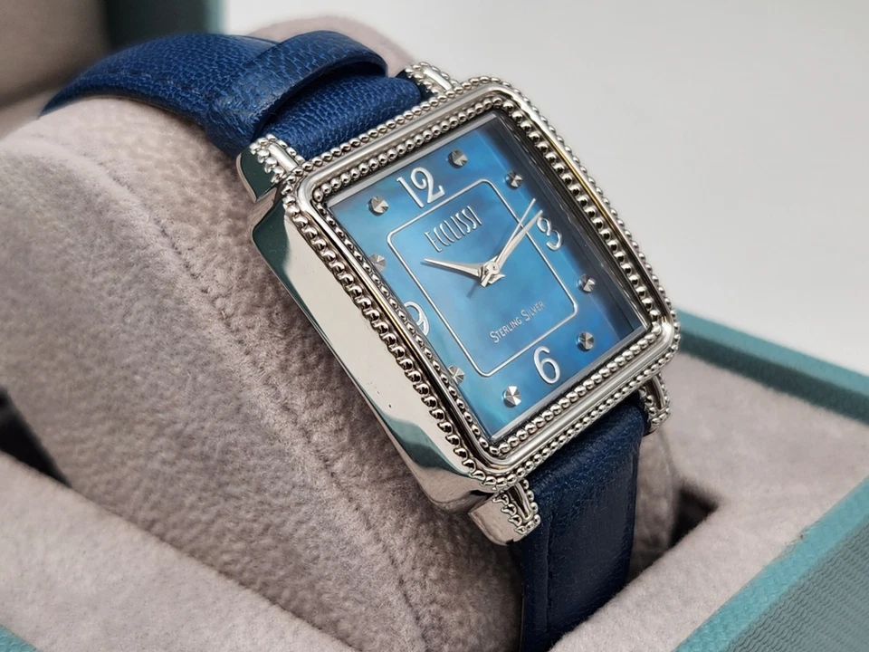 Ecclissi Sterling Silver 925 Mother Of Pearl Leather Band Tank Watch New Battery - Image 4 of 4