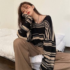 Long Sleeve Loose Sweater Striped Retro Oversize Pullover Knitted Jumpers Casual