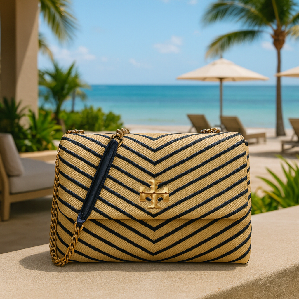 Tory Burch ショルダーバッグ ネイビー/ベージュ NEW Tory Burch Kira Chevron Natural Straw Convertible Shoulder