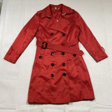 Burberry Trench Coat Womens Size 4 Red Belted Double Breasted Check Lined Mid