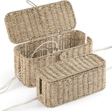 2 Pack Large Cable Management Box Natural Rattan Cord Organizer Boxes Power