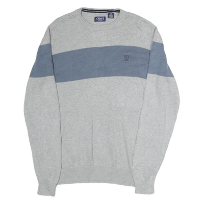 CHAPS Herren Pullover Grau Blau Gemustert Rundhals Strick L Baumwolle