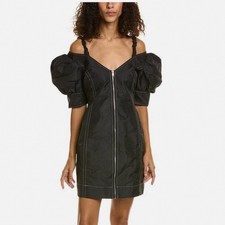 GANNI Black Puff Sleeve Zipper Dress with Contrast Stitching Size 38