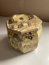 Unique vintage wooden box-purse with European street scene, elegant metal handle