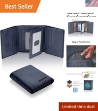 Luxury Men's Leather Trifold Wallet with Gift Box - Dark Blue Italian NAPPA