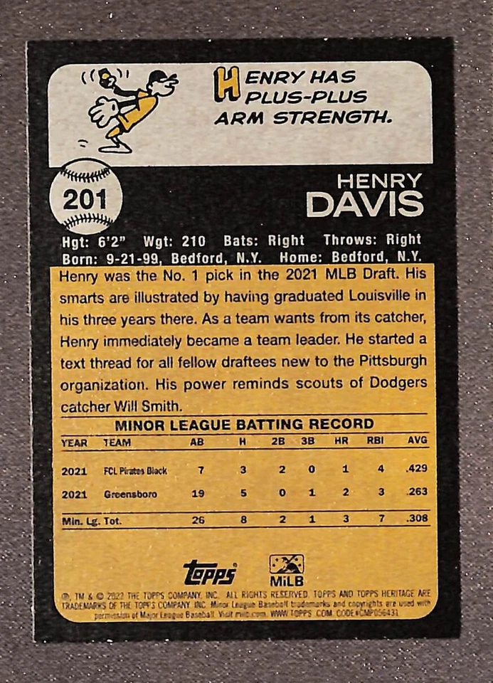 2022 Topps Heritage Minor League #201 Henry Davis High Number SP - Image 2 of 3