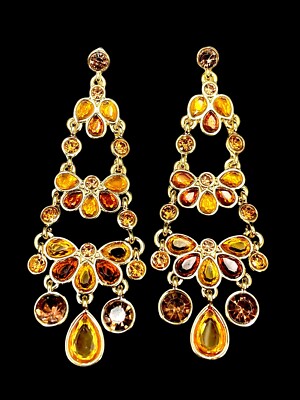 NWT TRIFARI GOLD-TONE AMBER TOPAZ RHINESTONE STATEMENT CHANDELIER POST EARRINGS