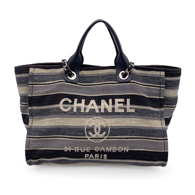 Authentic Chanel Black Grey Striped Canvas Medium Deauville Tote Bag
