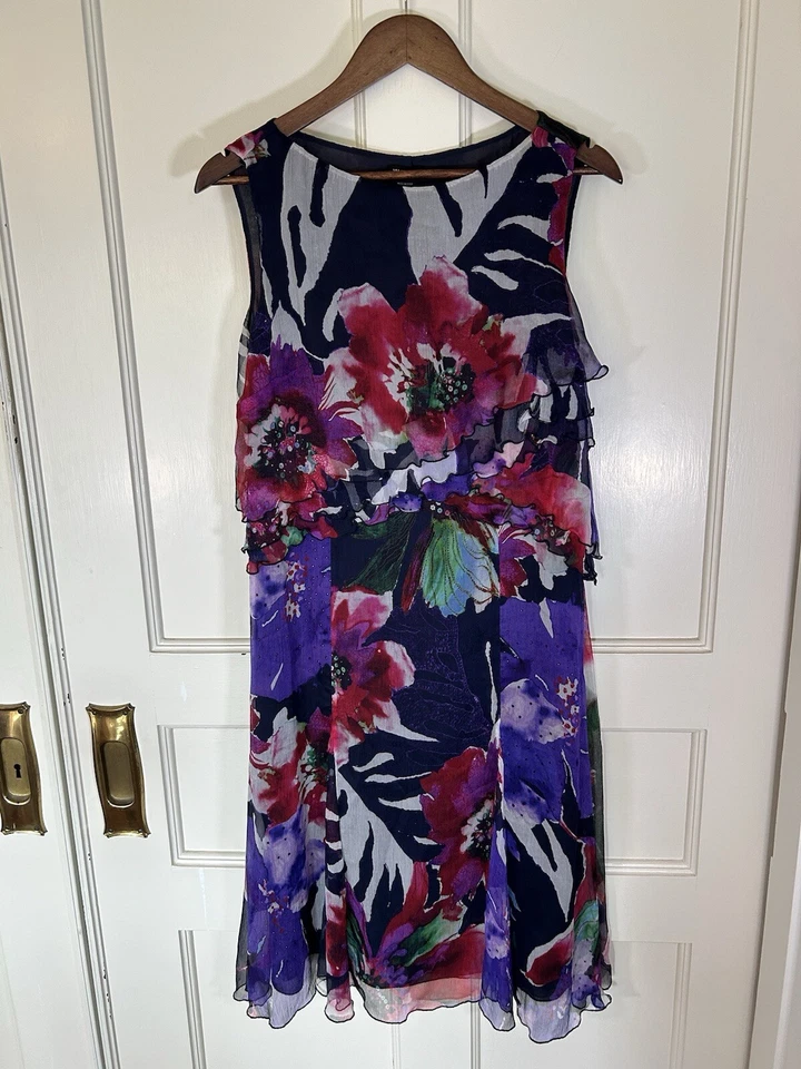 Vestido Vaina Floral Seda Worth New York Para Mujer Talla 8 Púrpura Rosa Bufanda Volantes Foto 2 de 4