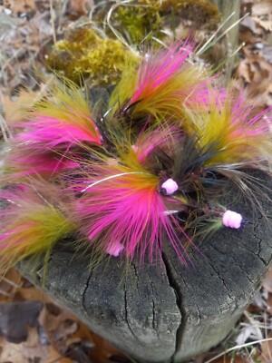 (6) Custom Tri-tone Egg Sucking Leech Streamer Fly Steelhead Hook #2 Olive&Pink