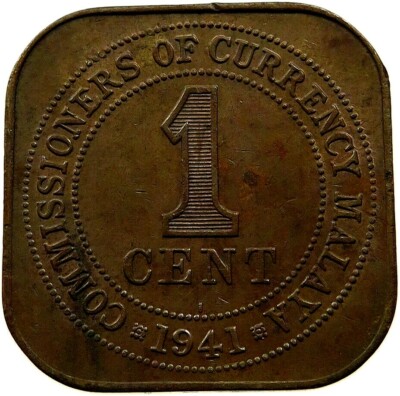 MALAYA MALAYSIA 1 CENT KM-2 1939-1941 King George SQUARE SINGAPORE MONEY COIN