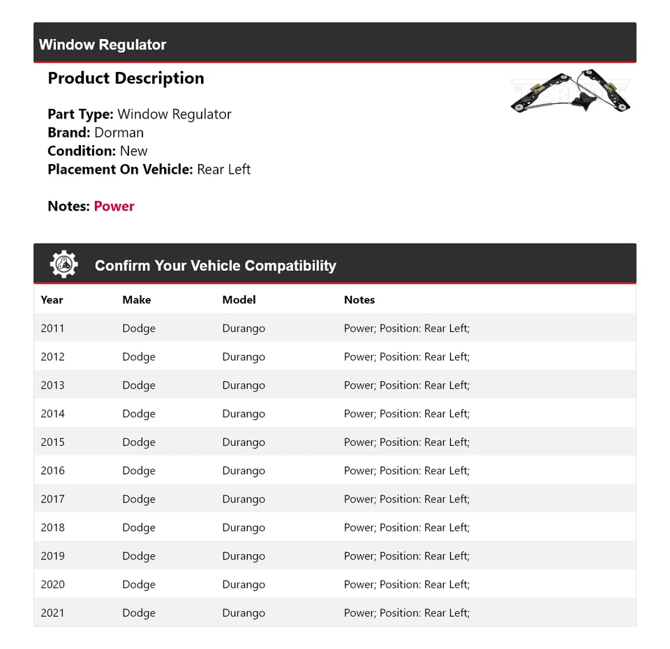For 2011-2021 Dodge Durango Dorman Window Regulator Rear Left 2012 2013 2014 - Image 2 of 4