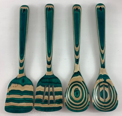 4-Piece Baltique Mykonos Wooden Cooking Kitchen Utensil Set Aqua Blue Green Spoo