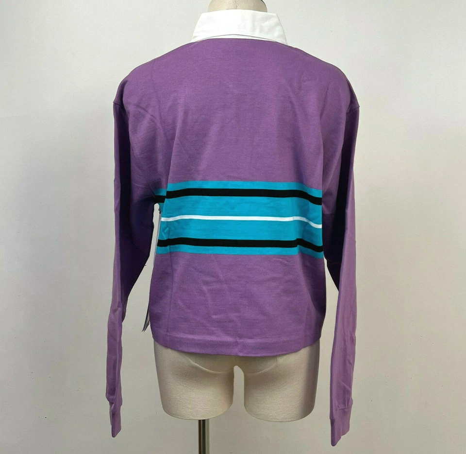 Polo de rugby recortado Obey para mujer LS Riley orquídea/verde azulado talla L nuevo con etiquetas Shepard Fairey Foto 2 de 2
