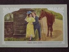 MAN HUGGING LADY NEXT TO A HORSE " MISS SHY ANN " Vtg 1911 POSTCARD