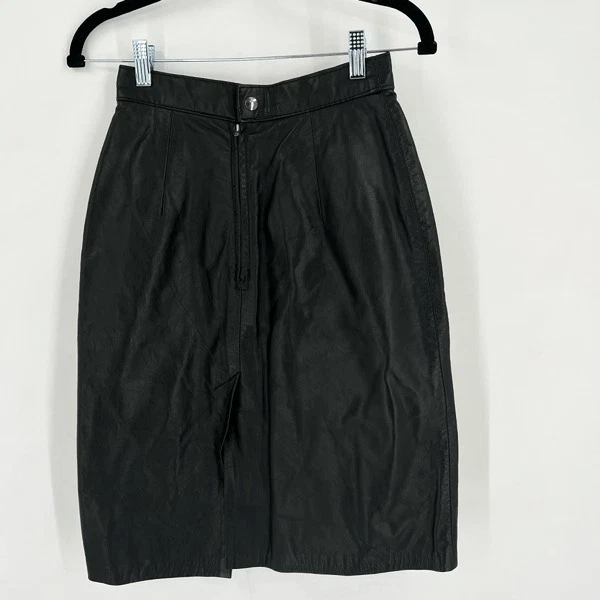 Minifalda lápiz vintage Vanity Fur Co de cuero frente plano negra talla 9 para mujer Foto 2 de 4