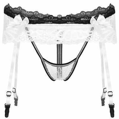 Herren Sissy Dessous Reizwäsche Sheer Spitze Slips Mit Strumpfband Nachtwäsche