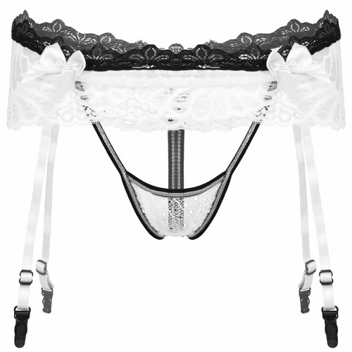 Agoky Sissy Herren Dessous G-string Transparente Spitzen Slip mit Strumpfband - Bild 31 von 37
