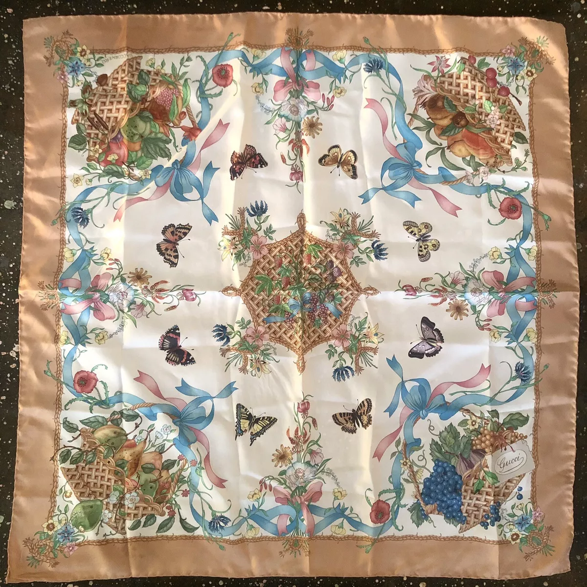 Gucci Silk Scarf Floral Fruit Theme Accornero Beige Neutral Italy 34 Rare