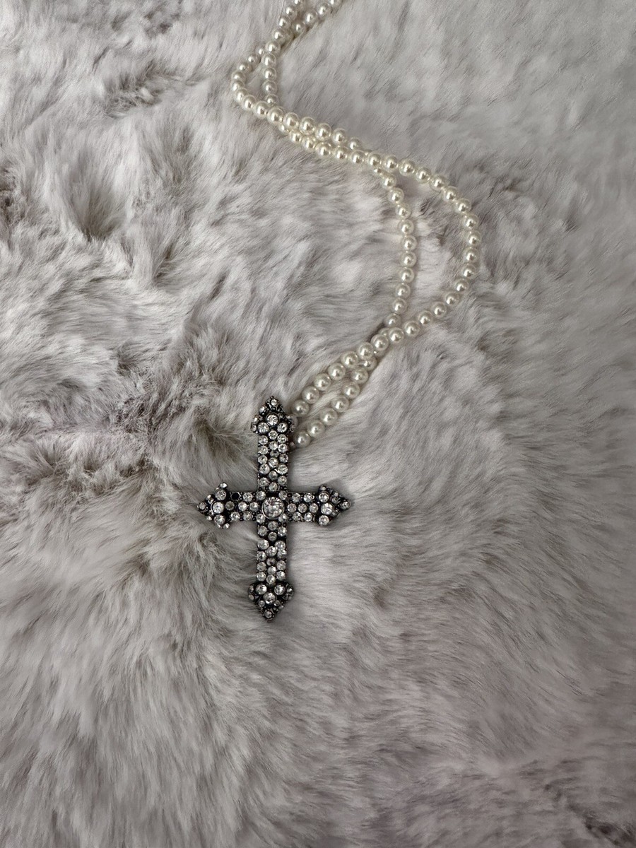 Saint Laurent YSL Double Row Pearl Crystal Cross Necklace | eBay